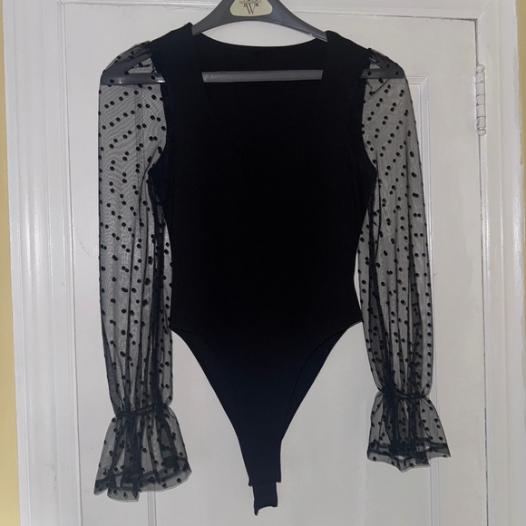 Black Bodysuit with Sheer Polka Dot Sleeves Sz. M - Picture 1 of 9